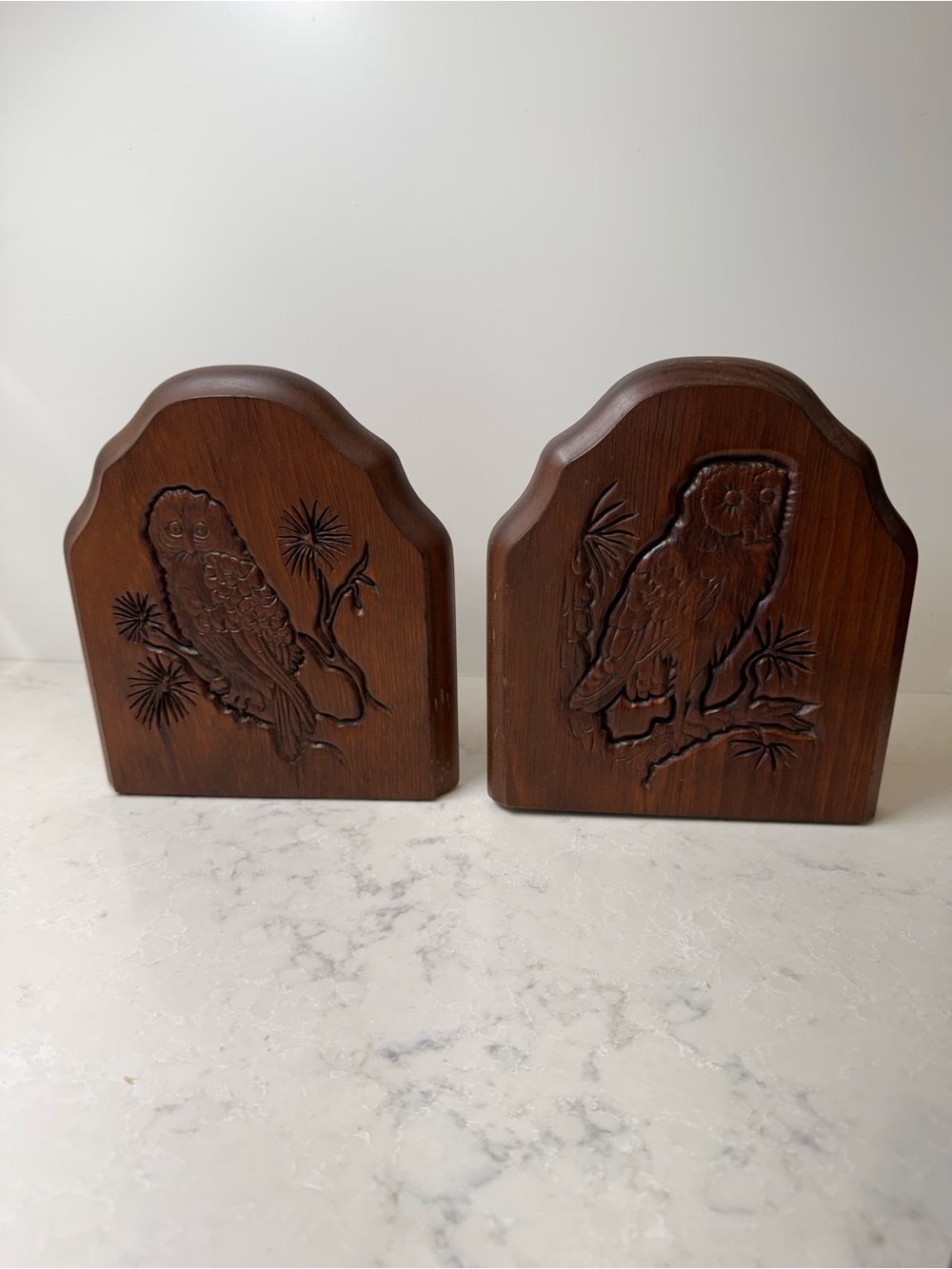 Vintage Carved Wooden Owl Bookends - Brown